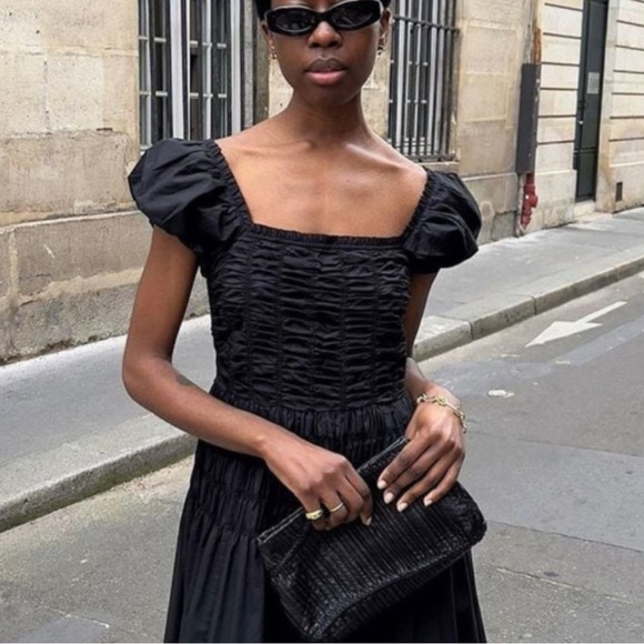 Caroline Constas Women’s Cotton Shirred Bodice Short Puff Sleeve Midi Dress NEW - Picture 6 of 16